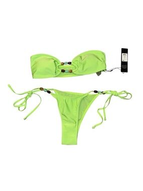 Neon Green Bandeau Bikini Set with Bead Accents - Women Swim